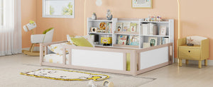 English Elm Full Size Kids Floor Bed Pinewood Frame with Guardrails and Six Built-In Storage Shelves Cream and White W697P495635