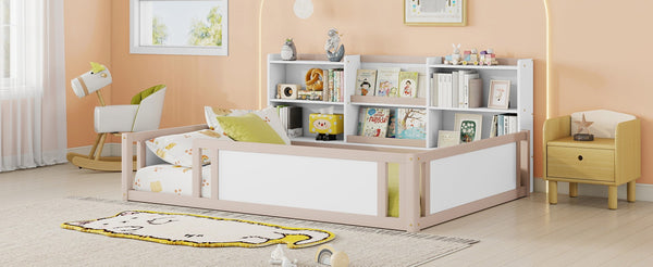 English Elm Full Size Kids Floor Bed Pinewood Frame with Guardrails and Six Built-In Storage Shelves Cream and White W697P495635