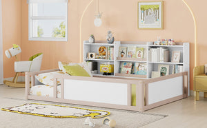 English Elm Full Size Kids Floor Bed Pinewood Frame with Guardrails and Six Built-In Storage Shelves Cream and White W697P495635