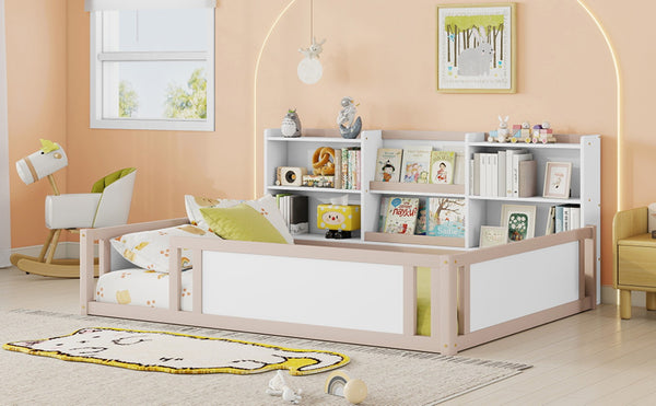 English Elm Full Size Kids Floor Bed Pinewood Frame with Guardrails and Six Built-In Storage Shelves Cream and White W697P495635