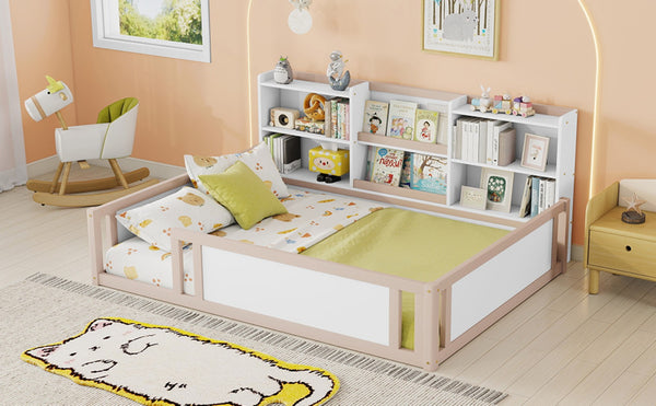 English Elm Full Size Kids Floor Bed Pinewood Frame with Guardrails and Six Built-In Storage Shelves Cream and White W697P495635