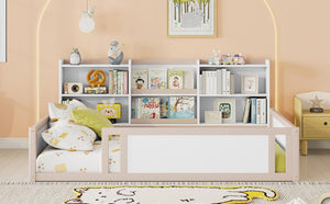 English Elm Full Size Kids Floor Bed Pinewood Frame with Guardrails and Six Built-In Storage Shelves Cream and White W697P495635