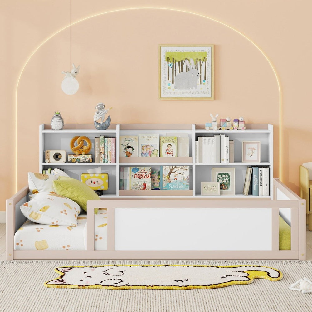 English Elm Full Size Kids Floor Bed Pinewood Frame with Guardrails and Six Built-In Storage Shelves Cream and White W697P495635