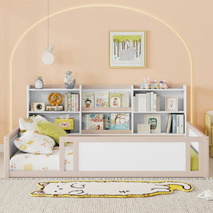 English Elm Full Size Kids Floor Bed Pinewood Frame with Guardrails and Six Built-In Storage Shelves Cream and White W697P495635