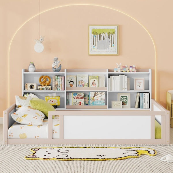 English Elm Full Size Kids Floor Bed Pinewood Frame with Guardrails and Six Built-In Storage Shelves Cream and White W697P495635