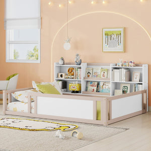 English Elm Full Size Kids Floor Bed Pinewood Frame with Guardrails and Six Built-In Storage Shelves Cream and White W697P495635