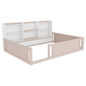 English Elm Full Size Kids Floor Bed Pinewood Frame with Guardrails and Six Built-In Storage Shelves Cream and White W697P495635