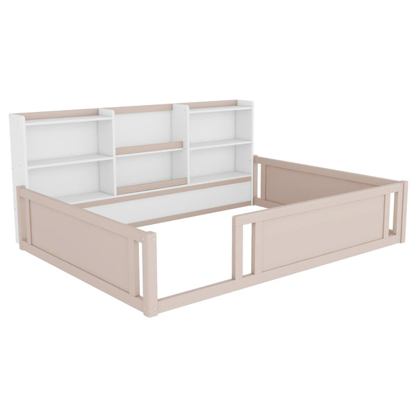 English Elm Full Size Kids Floor Bed Pinewood Frame with Guardrails and Six Built-In Storage Shelves Cream and White W697P495635