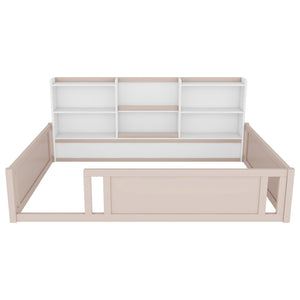 English Elm Full Size Kids Floor Bed Pinewood Frame with Guardrails and Six Built-In Storage Shelves Cream and White W697P495635