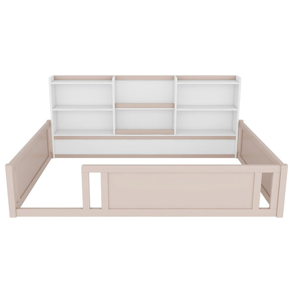 English Elm Full Size Kids Floor Bed Pinewood Frame with Guardrails and Six Built-In Storage Shelves Cream and White W697P495635