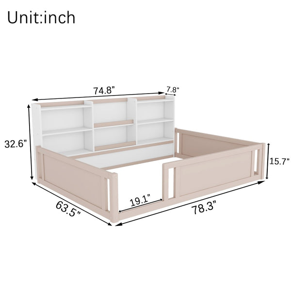 English Elm Full Size Kids Floor Bed Pinewood Frame with Guardrails and Six Built-In Storage Shelves Cream and White W697P495635