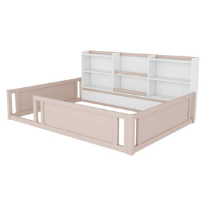 English Elm Full Size Kids Floor Bed Pinewood Frame with Guardrails and Six Built-In Storage Shelves Cream and White W697P495635