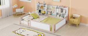 English Elm Full Size Kids Floor Bed Pinewood Frame with Guardrails and Six Built-In Storage Shelves Cream and White W697P495635