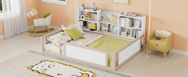English Elm Full Size Kids Floor Bed Pinewood Frame with Guardrails and Six Built-In Storage Shelves Cream and White W697P495635
