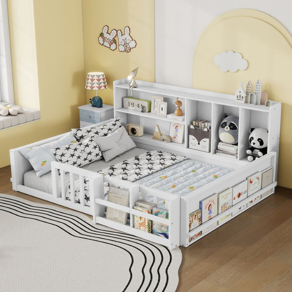 English Elm Full Size Pine Wood Kids Floor Bed with Guardrail Storage Shelves and Bookshelf White W697P495648