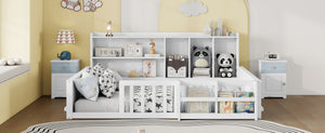 English Elm Full Size Pine Wood Kids Floor Bed with Guardrail Storage Shelves and Bookshelf White W697P495648