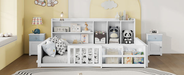 English Elm Full Size Pine Wood Kids Floor Bed with Guardrail Storage Shelves and Bookshelf White W697P495648