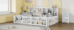English Elm Full Size Pine Wood Kids Floor Bed with Guardrail Storage Shelves and Bookshelf White W697P495648