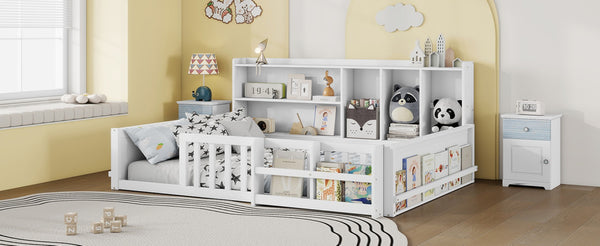English Elm Full Size Pine Wood Kids Floor Bed with Guardrail Storage Shelves and Bookshelf White W697P495648