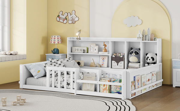 English Elm Full Size Pine Wood Kids Floor Bed with Guardrail Storage Shelves and Bookshelf White W697P495648