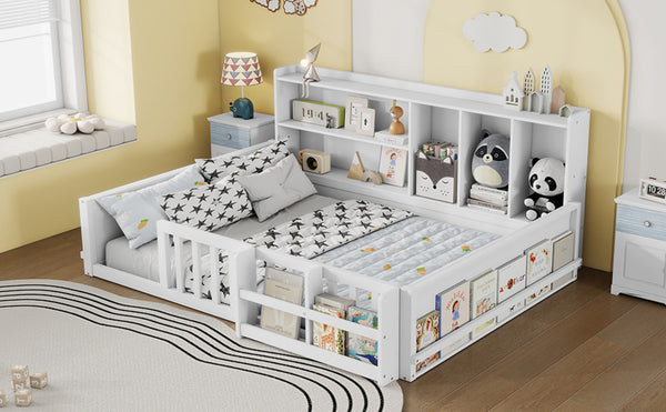 English Elm Full Size Pine Wood Kids Floor Bed with Guardrail Storage Shelves and Bookshelf White W697P495648