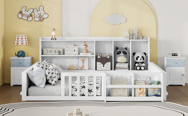English Elm Full Size Pine Wood Kids Floor Bed with Guardrail Storage Shelves and Bookshelf White W697P495648