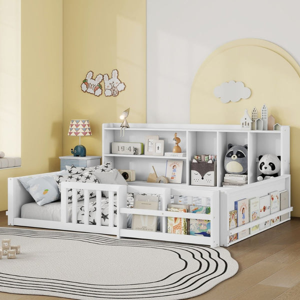 English Elm Full Size Pine Wood Kids Floor Bed with Guardrail Storage Shelves and Bookshelf White W697P495648