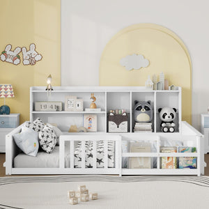 English Elm Full Size Pine Wood Kids Floor Bed with Guardrail Storage Shelves and Bookshelf White W697P495648