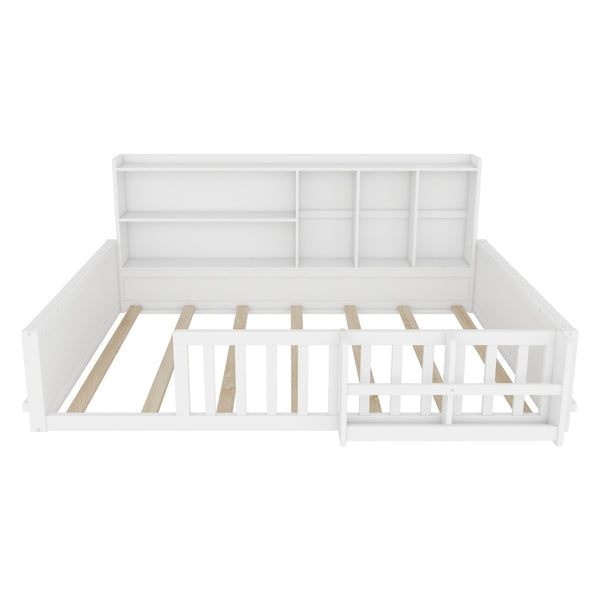 English Elm Full Size Pine Wood Kids Floor Bed with Guardrail Storage Shelves and Bookshelf White W697P495648