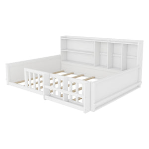 English Elm Full Size Pine Wood Kids Floor Bed with Guardrail Storage Shelves and Bookshelf White W697P495648