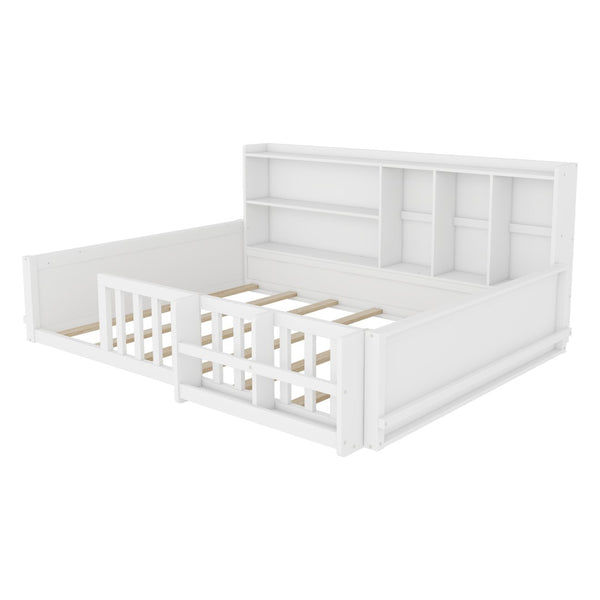 English Elm Full Size Pine Wood Kids Floor Bed with Guardrail Storage Shelves and Bookshelf White W697P495648