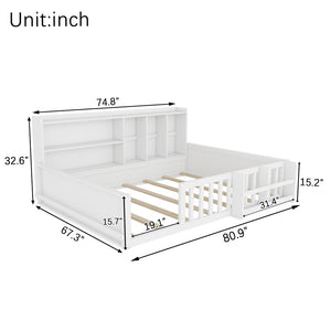 English Elm Full Size Pine Wood Kids Floor Bed with Guardrail Storage Shelves and Bookshelf White W697P495648