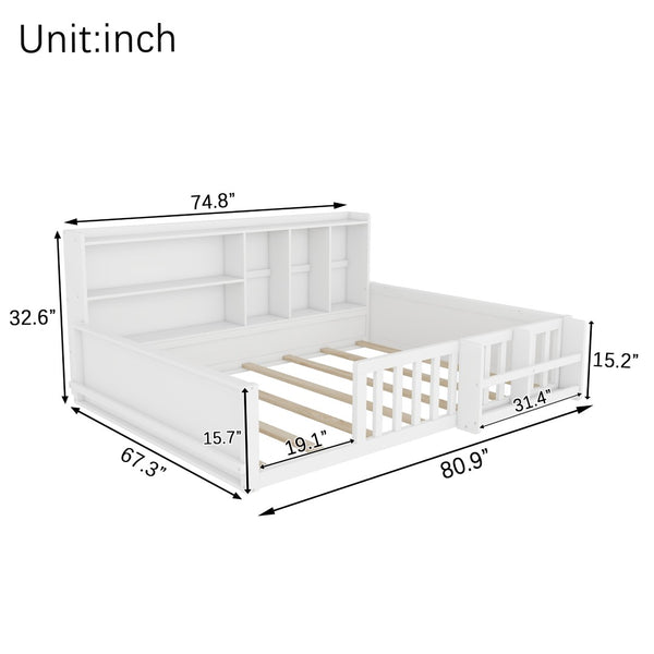 English Elm Full Size Pine Wood Kids Floor Bed with Guardrail Storage Shelves and Bookshelf White W697P495648