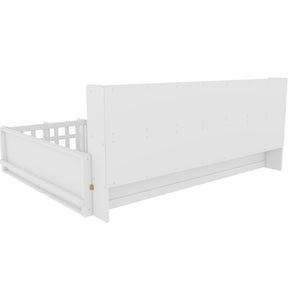 English Elm Full Size Pine Wood Kids Floor Bed with Guardrail Storage Shelves and Bookshelf White W697P495648