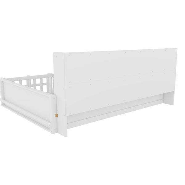 English Elm Full Size Pine Wood Kids Floor Bed with Guardrail Storage Shelves and Bookshelf White W697P495648