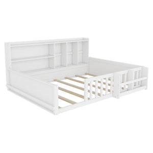 English Elm Full Size Pine Wood Kids Floor Bed with Guardrail Storage Shelves and Bookshelf White W697P495648