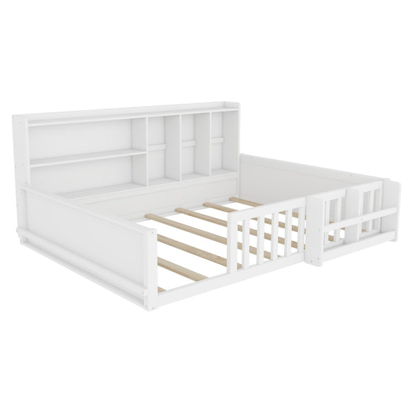English Elm Full Size Pine Wood Kids Floor Bed with Guardrail Storage Shelves and Bookshelf White W697P495648