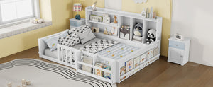 English Elm Full Size Pine Wood Kids Floor Bed with Guardrail Storage Shelves and Bookshelf White W697P495648