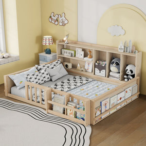 English Elm Full Size Pine Wood Kids Floor Bed with Guardrail Storage Shelves and Bookshelf Natural W697P495649