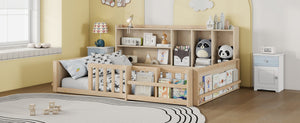 English Elm Full Size Pine Wood Kids Floor Bed with Guardrail Storage Shelves and Bookshelf Natural W697P495649