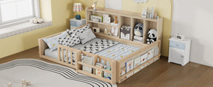 English Elm Full Size Pine Wood Kids Floor Bed with Guardrail Storage Shelves and Bookshelf Natural W697P495649