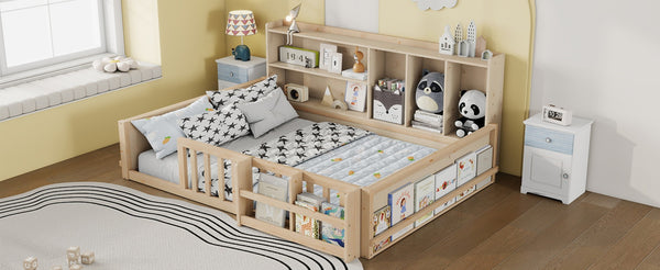 English Elm Full Size Pine Wood Kids Floor Bed with Guardrail Storage Shelves and Bookshelf Natural W697P495649