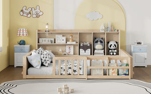 English Elm Full Size Pine Wood Kids Floor Bed with Guardrail Storage Shelves and Bookshelf Natural W697P495649