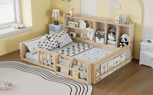 English Elm Full Size Pine Wood Kids Floor Bed with Guardrail Storage Shelves and Bookshelf Natural W697P495649