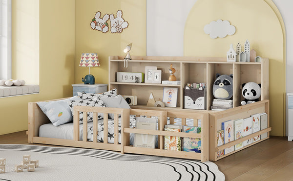 English Elm Full Size Pine Wood Kids Floor Bed with Guardrail Storage Shelves and Bookshelf Natural W697P495649