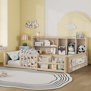 English Elm Full Size Pine Wood Kids Floor Bed with Guardrail Storage Shelves and Bookshelf Natural W697P495649