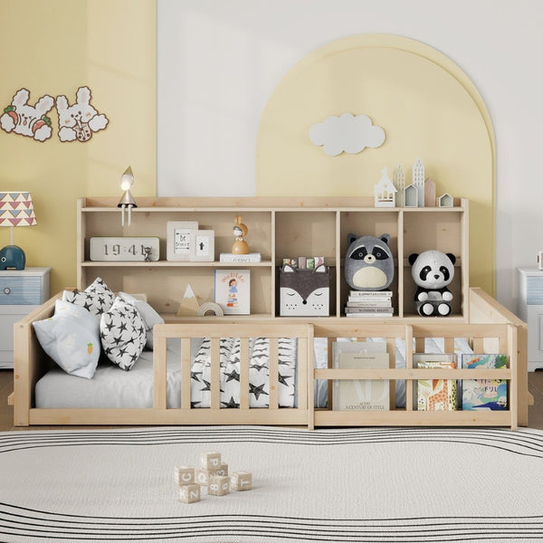 English Elm Full Size Pine Wood Kids Floor Bed with Guardrail Storage Shelves and Bookshelf Natural W697P495649