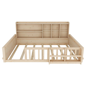 English Elm Full Size Pine Wood Kids Floor Bed with Guardrail Storage Shelves and Bookshelf Natural W697P495649