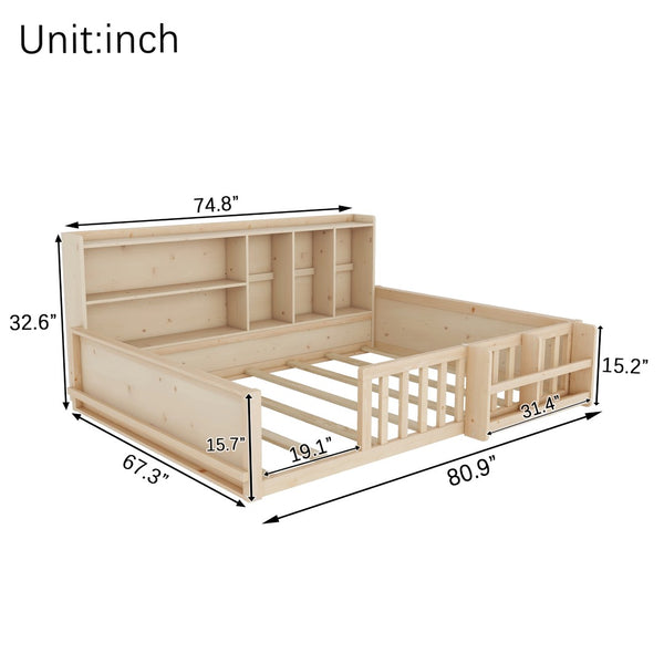 English Elm Full Size Pine Wood Kids Floor Bed with Guardrail Storage Shelves and Bookshelf Natural W697P495649