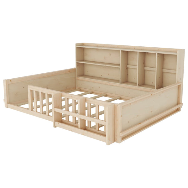 English Elm Full Size Pine Wood Kids Floor Bed with Guardrail Storage Shelves and Bookshelf Natural W697P495649